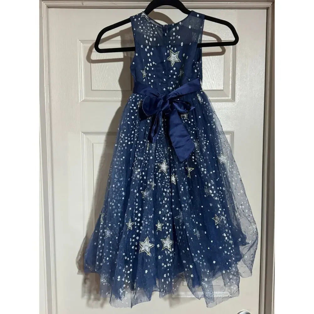 Trish Sully Little Girls Navy Blue Starry Night Silver Stars Tulle Gown size 5